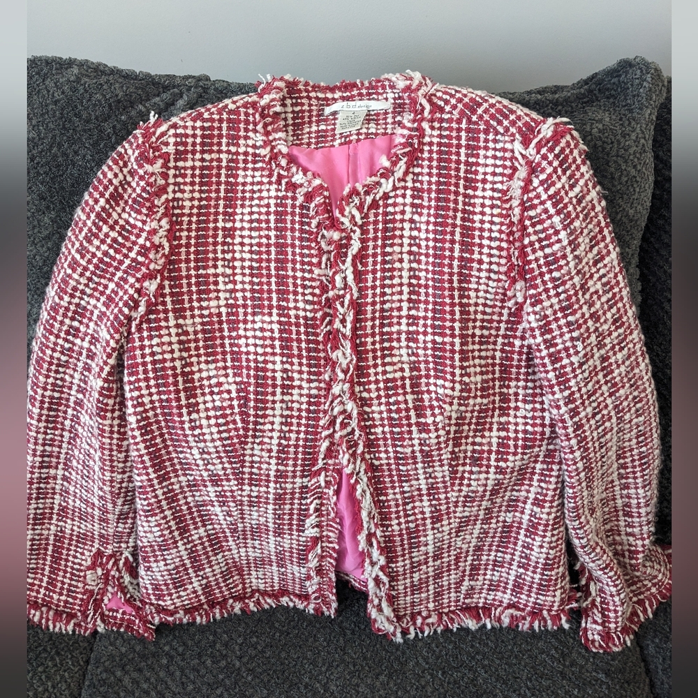 ZBD design Blazer Womens 4 Suit Jacket Silk Blend Red White Tweed Boucle Boho